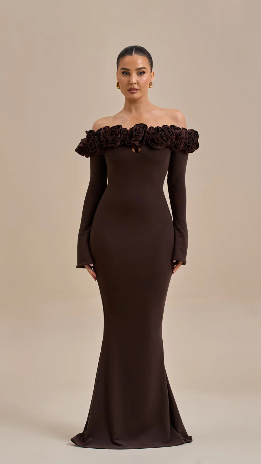 Wanderdoll - AINSLEIGH BARDOT ROSE MAXI DRESS - Chocolate