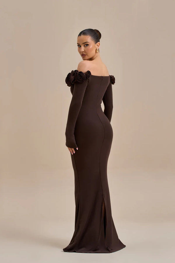 Wanderdoll - AINSLEIGH BARDOT ROSE MAXI DRESS - Chocolate