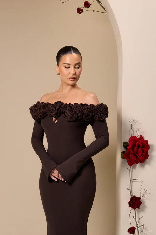 Wanderdoll - AINSLEIGH BARDOT ROSE MAXI DRESS - Chocolate