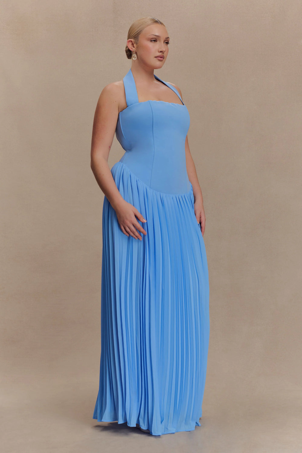 Meshki - Stacie Pleated Halter Maxi Dress - Bright Blue