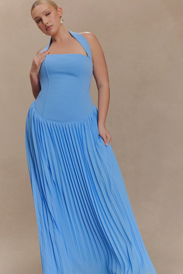 Meshki - Stacie Pleated Halter Maxi Dress - Bright Blue