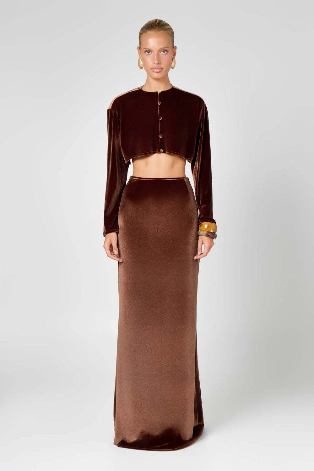Hyphen - Velvet Blouse & Skirt Co-ord - Chocolate
