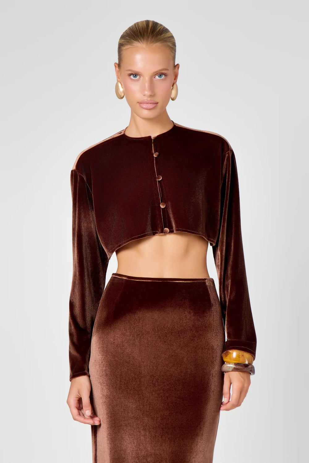 Hyphen - Velvet Blouse & Skirt Co-ord - Chocolate