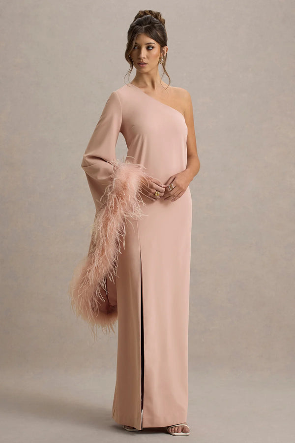 Club L London - Armina - Blush Pink One-Shoulder Feather-Trim Maxi Dress