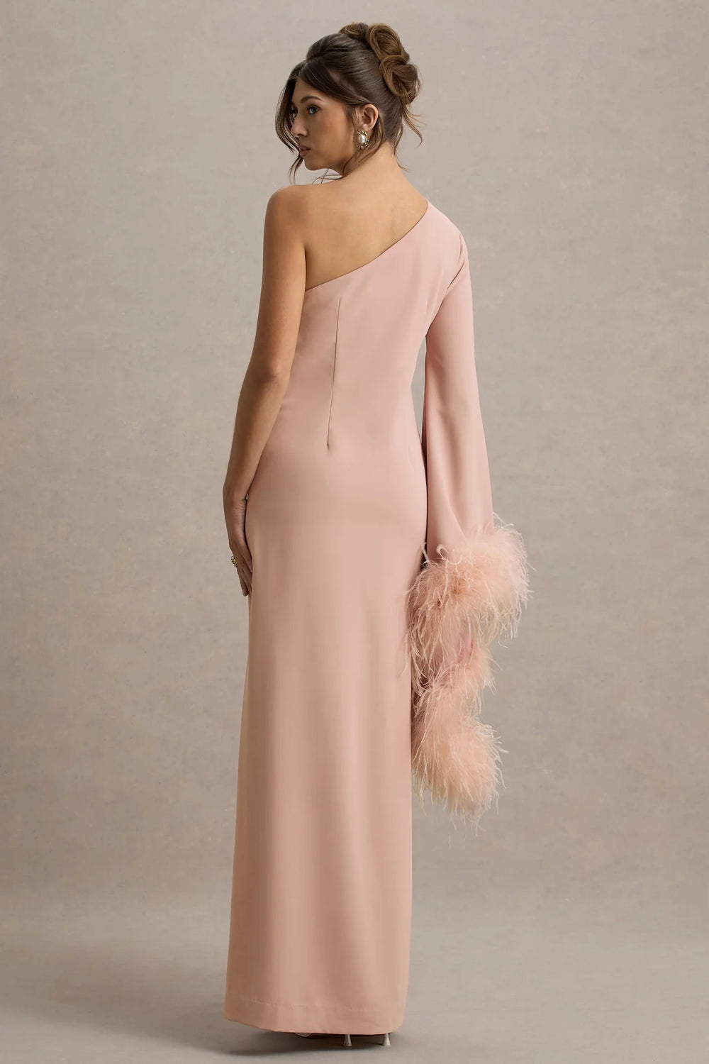 Club L London - Armina - Blush Pink One-Shoulder Feather-Trim Maxi Dress