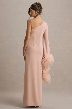 Club L London - Armina - Blush Pink One-Shoulder Feather-Trim Maxi Dress