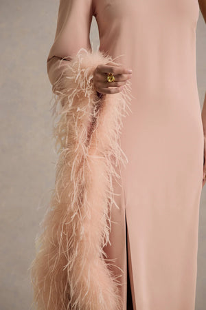 Club L London - Armina - Blush Pink One-Shoulder Feather-Trim Maxi Dress