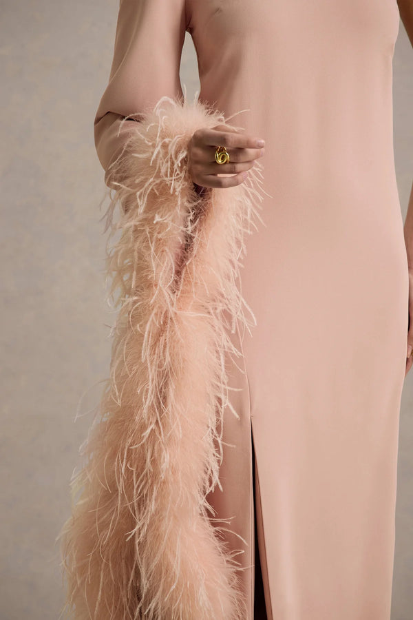 Club L London - Armina - Blush Pink One-Shoulder Feather-Trim Maxi Dress
