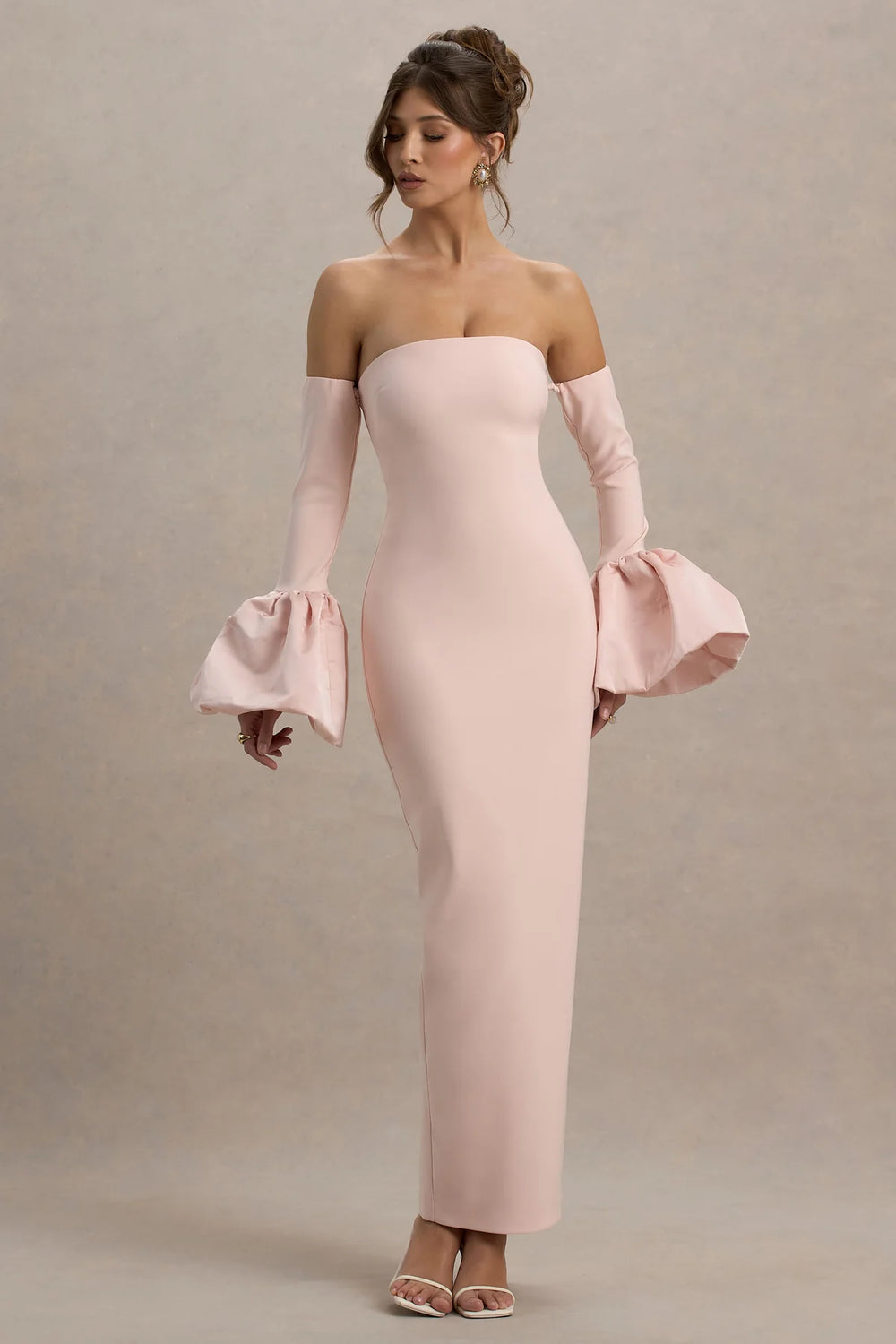 Club L London - Myah - Pink Bandeau Long-Sleeve Maxi Dress With Puff Cuffs