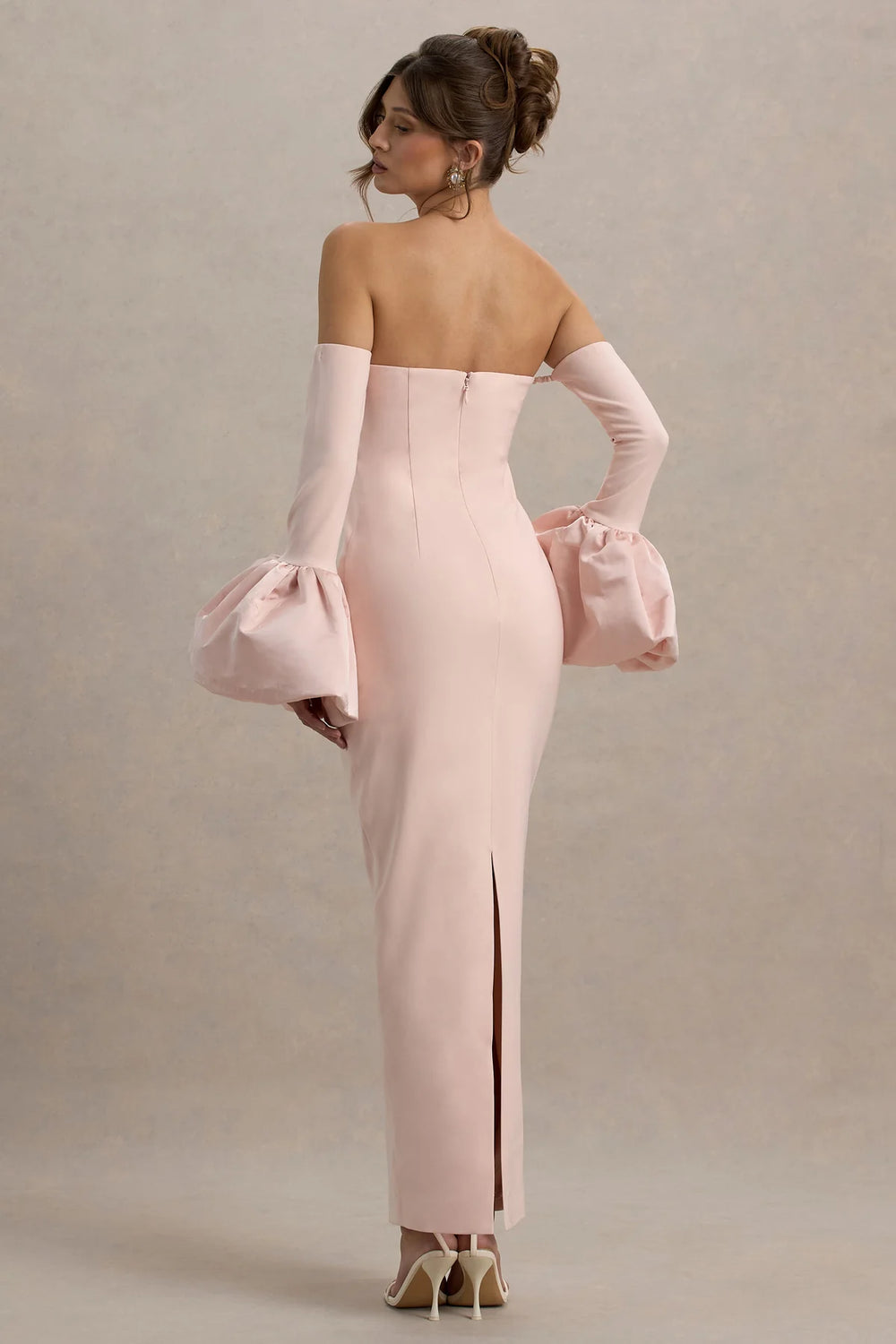 Club L London - Myah - Pink Bandeau Long-Sleeve Maxi Dress With Puff Cuffs