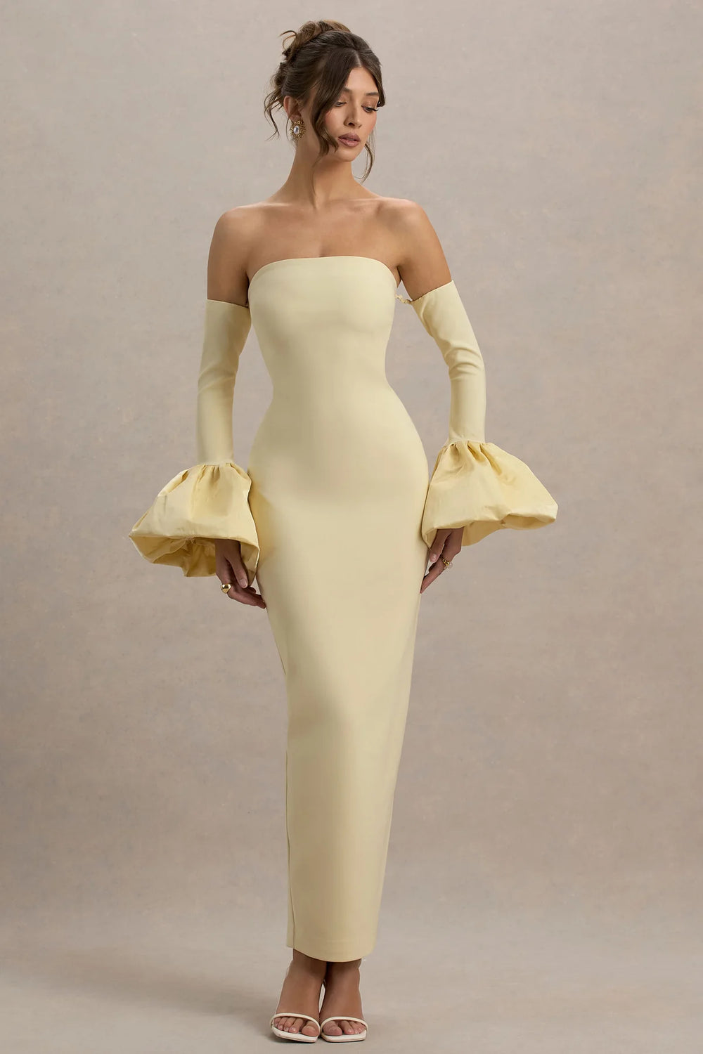Club L London - Myah - Bandeau Long-Sleeve Maxi Dress With Puff Cuffs - Lemon