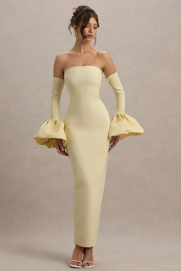 Club L London - Myah - Bandeau Long-Sleeve Maxi Dress With Puff Cuffs - Lemon