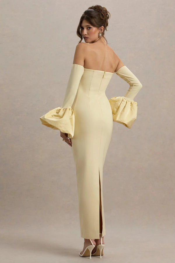 Club L London - Myah - Bandeau Long-Sleeve Maxi Dress With Puff Cuffs - Lemon