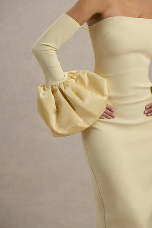 Club L London - Myah - Bandeau Long-Sleeve Maxi Dress With Puff Cuffs - Lemon
