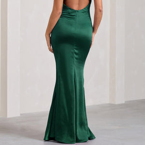 Club L London - Unstoppable Satin Cross Over Halterneck Maxi Dress - Bottle Green