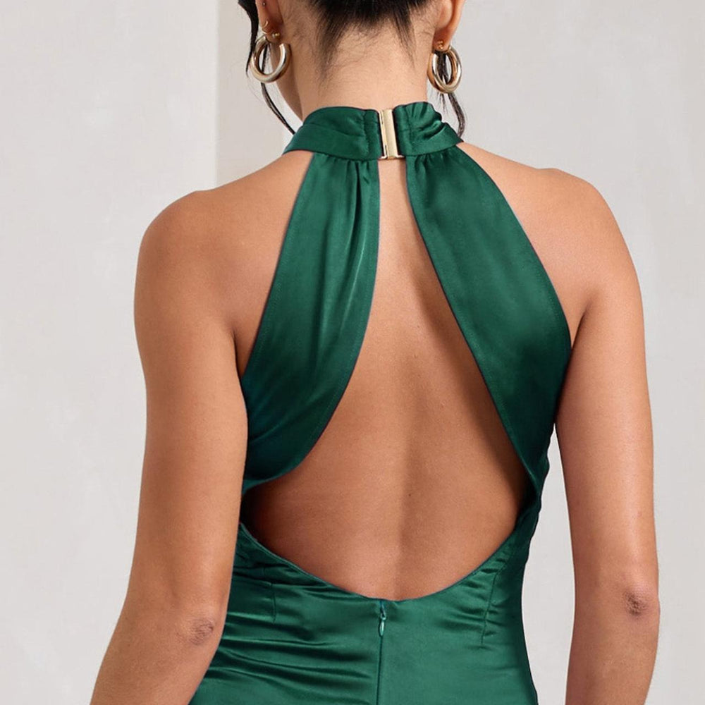 Club L London - Unstoppable Satin Cross Over Halterneck Maxi Dress - Bottle Green