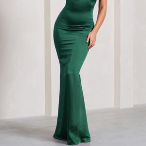 Club L London - Unstoppable Satin Cross Over Halterneck Maxi Dress - Bottle Green