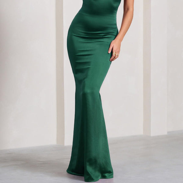 Club L London - Unstoppable Satin Cross Over Halterneck Maxi Dress - Bottle Green