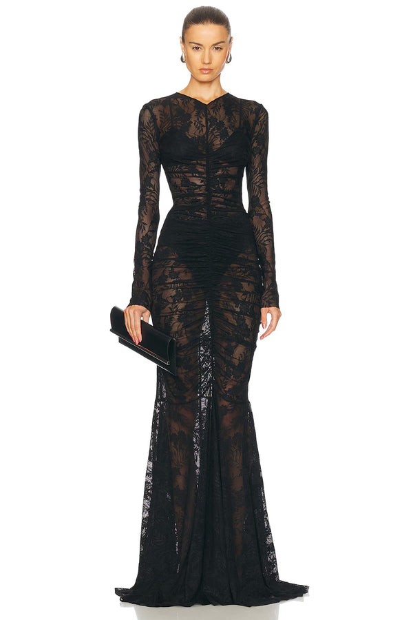 Norma Kamali - Long Sleeve V Neck Shirred Front Fishtail Gown - Black
