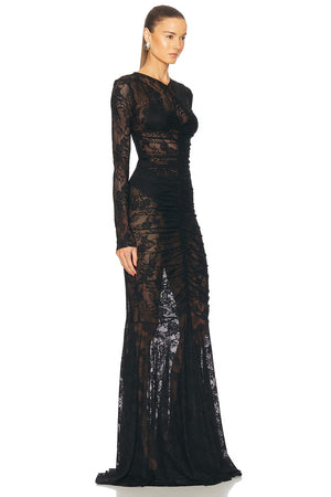 Norma Kamali - Long Sleeve V Neck Shirred Front Fishtail Gown - Black