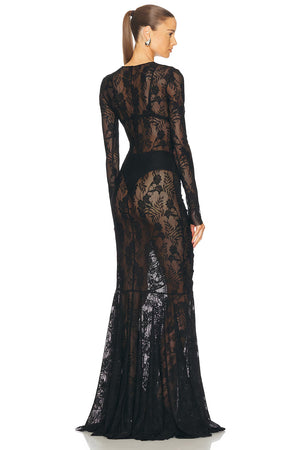 Norma Kamali - Long Sleeve V Neck Shirred Front Fishtail Gown - Black