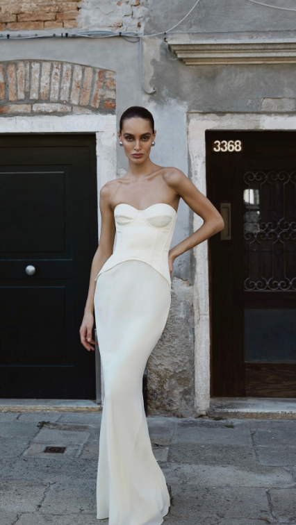 Because of Alice - Satin Corset Gown with Sweetheart Neckline - Buttermilk