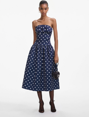 Self-Portrait - Bandeau Polka Dot Satin Midi Dress - Navy