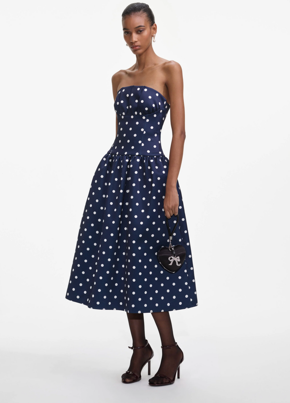 Self-Portrait - Bandeau Polka Dot Satin Midi Dress - Navy