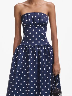Self-Portrait - Bandeau Polka Dot Satin Midi Dress - Navy