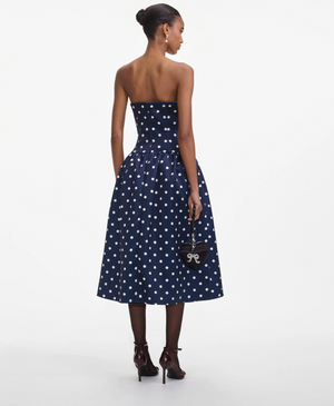 Self-Portrait - Bandeau Polka Dot Satin Midi Dress - Navy