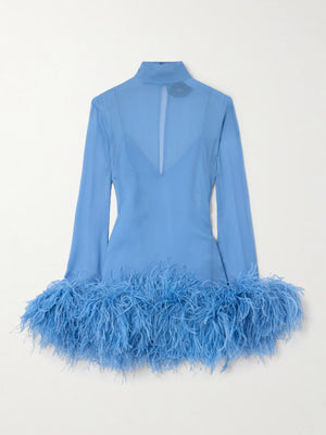 Taller Marmo - Gina Spirito Feather-trimmed Mini Dress - Baby Blue