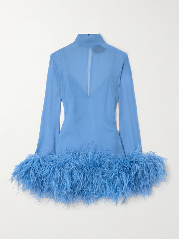 Taller Marmo - Gina Spirito Feather-trimmed Mini Dress - Baby Blue