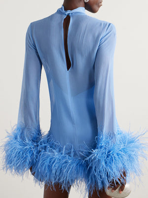Taller Marmo - Gina Spirito Feather-trimmed Mini Dress - Baby Blue